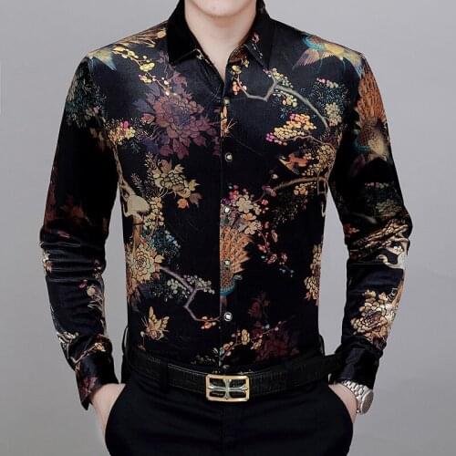 Mens Flowers Printed Shirt Chinese Style Slim Fit Buttons Front Long Sleeve New