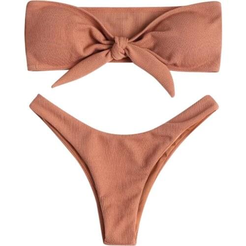 Women Lace-up Bandeau Bikini Off Shoulder Bikini Set Ribbed Swimsuit Female Swimwear Sexy Push Up Padded Bra Micro Bikini
