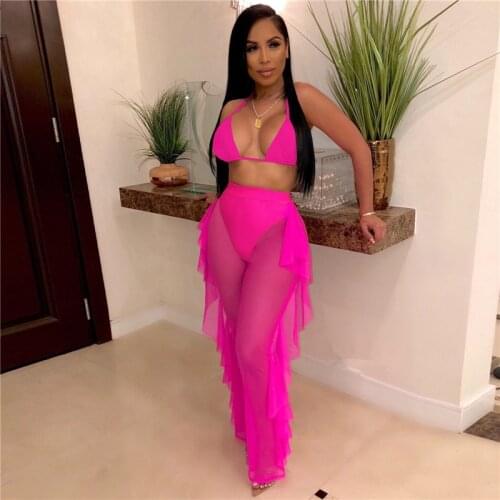 Women Solid Summer Beach Two Piece Set Sexy Halter Backless Bra Top Ruffle Wide Leg Pants with Panties Swimsuit