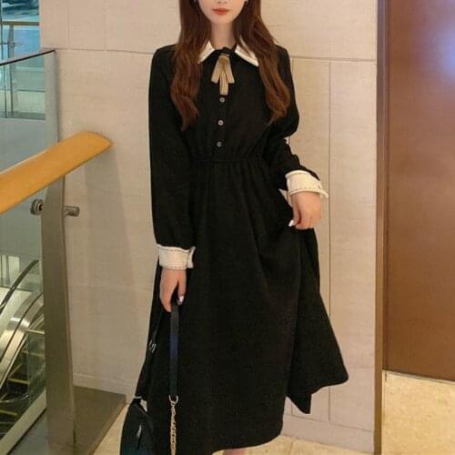 HOUZHOU Elegant Dress Women Sweet Preppy Style Long Sleeve Dress Fairy Vintage Casual Loose Outfits Party Korean Spring Autumn