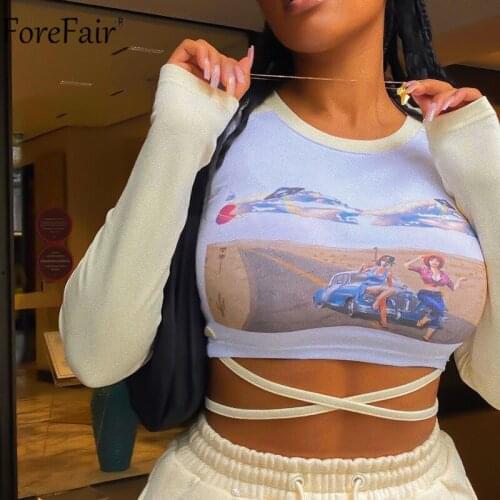 Forefair 2021 Autumn Black Sexy Bandage T Shirts Women Fashion O Neck Patchwork Long Sleeve Tee Print Casual Basic Y2k Crop Top
