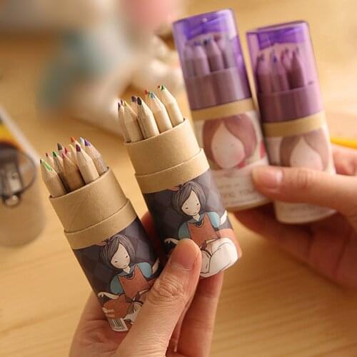 12 pcs/lot Cute Bear Colored Pencil With Sharpeners Kawaii Colorful Pastel Pencils For Drawing Exams Stationery School Supplies