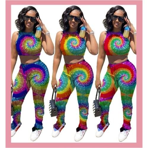 Sleeveless Tie Dye Crop Top Stacked Sweatpants Ruched 2 Piece Set 2020 Fashion Plus Size Tracksuit Women Fitness Club Clothing