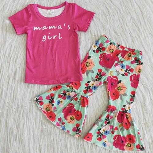 2021 Hot Sale Baby Girls Designer Clothes Boutique Girl Bell Bottom Outfits Short Sleeve Flower Pants Cute Girls Toddler Outfits