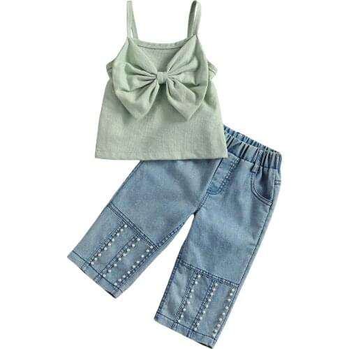 New Kids Girls Clothes Sets Solid Sleeveless Big Bow Vest Tops Pearl Denim Pants Set