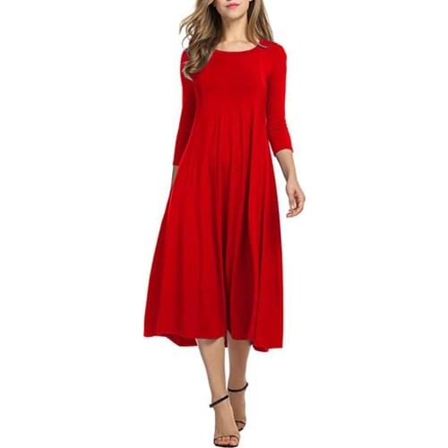 Hot Casual Women Solid Color O Neck 3/4 Sleeve Waist Tight Large Swing Midi Dress O Neck 3/4 Sleeve Waist Tight Large Swing Midi