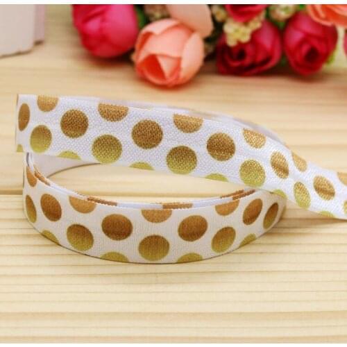 DHK 5/8'' 5yards Fold Elastic FOE gold color polka dot printed headband headwear hair band diy decoration OEM Wholesale C129