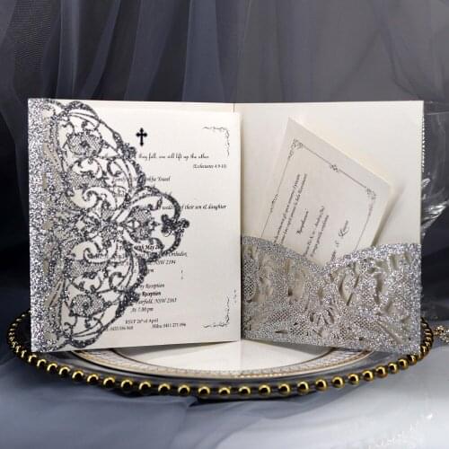 Silver Glitter Laser Cut Wedding Party Invitations, Red Blue Champagne Pink Gold Bridal Shower Invites with RSVP Card 50pc