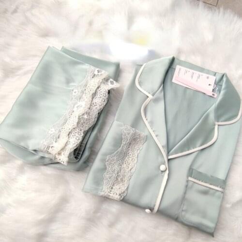 QWEEK Satin Pajamas Two Piece Set Ensembles De Pyjama All Season Trouser Suits Home Wear Long Sleeve Nightgown Loungewear Luxury