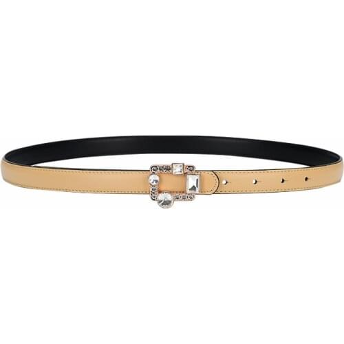 Genuine Leather Belts For Jeans Women NEW Fashion Crystal Square Buckle Thin Double Sides Cowskin Waistband Dress Party Decorate