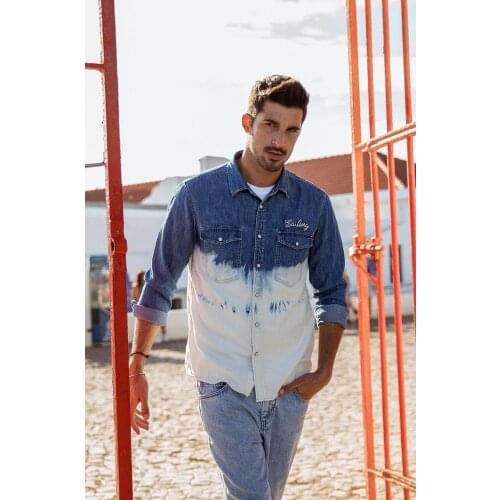 Spring summer new tie dyed denim shirts men fashion contract color embroidered letter 100% cotton shirt