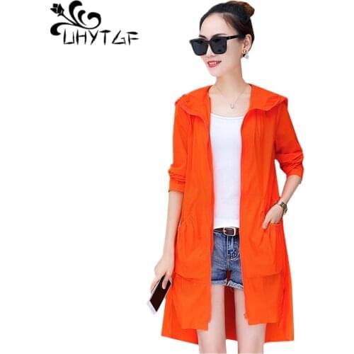 UHYTGF Long sleeve thin summer coats womens Beach Anti-UV Plus size Sun protection clothing Hooded Loose student long coat 1432