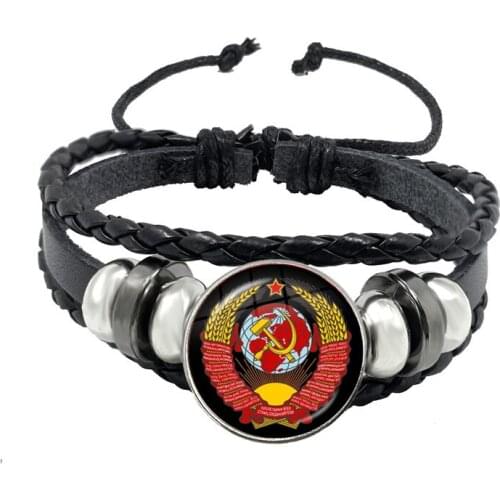 Vintage USSR Soviet Badges Sickle Hammer Black Leather Button Bracelet CCCP Russia Emblem Communism Sign Top Grade Bangle