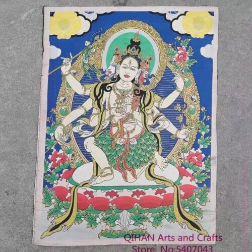 Brocade, gold embroidery, three-headed, six-arm Thangka brocade, silk embroidery, portrait, Buddha hanging, mural painting