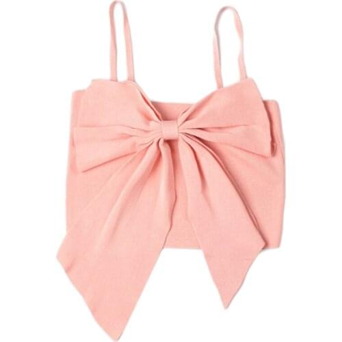 Women Spaghetti Strap Knit Camisole Big Bow Front Solid Slim Crop Top Vest Shirt