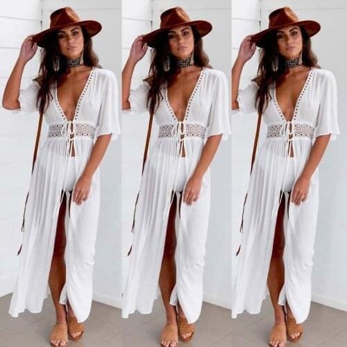 3XL Plus Size Beach Long Maxi Dress Women Bikini Cover Up Tunic Pareo White V Neck Dress Robe Swimwear Bathing Suit Beachwear
