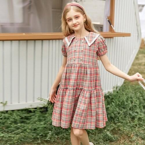 2021 Summer Cotton Plaid Dress Birthday Party Dress 5 -14 Year Girls Short Dresses England Style Girls Clothes Vestido 134