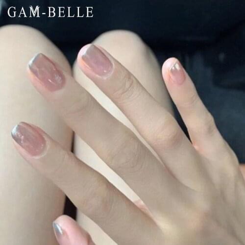 GAM-BELLE 24Pcs Gradient Silver Fake Nails French Full Cover DIY Nude Beauty Artificial False Nails Decoration Manicure Tool
