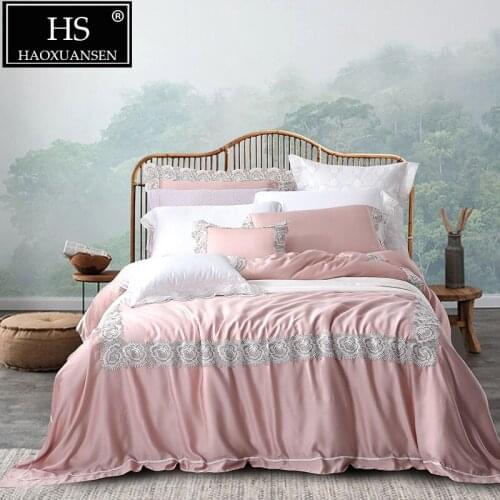 4 Piece Pale Mauve Lace Bedding Sets 100% Tencel Lyocell Princess Style Bed Linen Set Queen King Size Girl Double Bedclothes