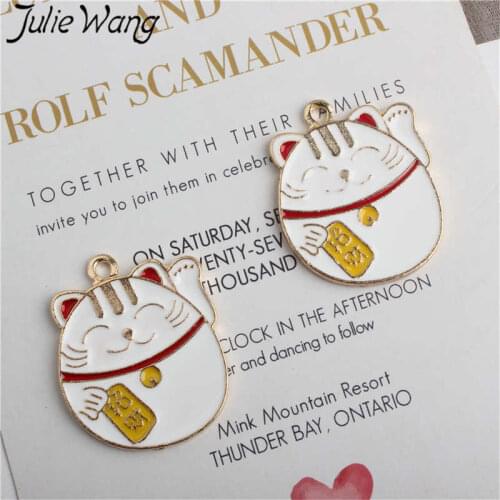 Julie Wang 5pcs Enamel Fortune Cat Charms Alloy Gold Tone Lucky Cat Animal Pendant Necklace Bracelet Jewelry Making Accessory
