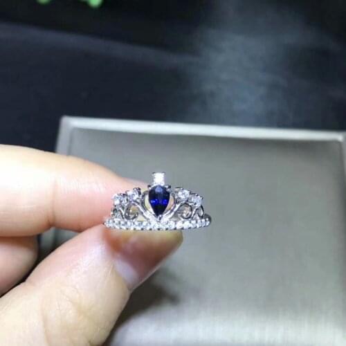 925 pure silver inlaid with natural sapphire ring 3 * 5 mm water drip-shaped non-burning sapphire crown style gift to girlfriend