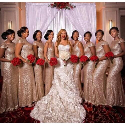 Elegant Mermaid Long Sequined Rose Gold Bridesmaid Dresses Custom Open Back Floor Length Formal Wedding Party Dresses