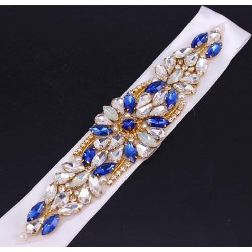 Blue Pearls Satin Ribbon Trim Applique Rhinestone Bridal Waist Belt Wedding Dress Gown Accessories