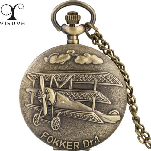 Retro Bronze Fokker Dr.1 Plane Display Necklace Pocket Watch Vintage Sweater Chain Pendant Clock Gifts Men Women Dropshipping