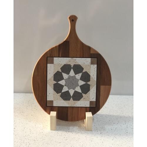 Handmade Solid Wood Beech Tree Round Figure Ceramic Serving Presentation Board Meat Food Pizza Sunumları 32x40 cm