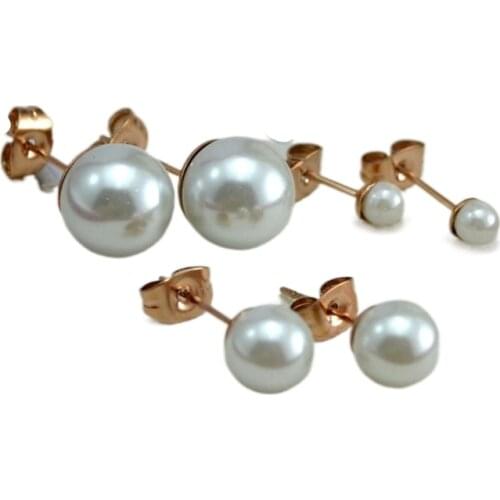 Fashion White Simulated-pearl Rose Gold Color Titanium Steel Stud Earrings Free Shipping