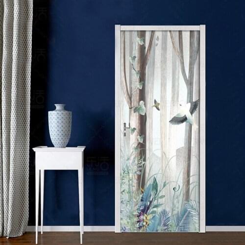 DIY Door Sticker Vintage Flowers Bird Photo Wallpaper PVC Waterproof Self-adhesive Poster Living Room Bedroom Door Decor Mural