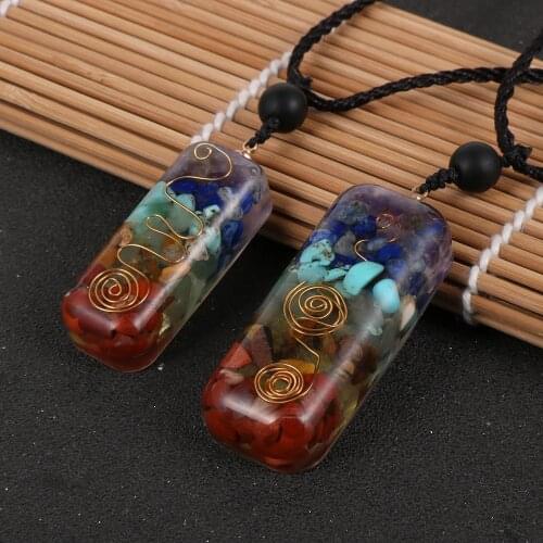 Natural Chips Stone 7 Chakras Rectangle Pendant Oronge Necklace Healing Reiki Orongite Amulet Pendulum Adjustable Rope Jewelry