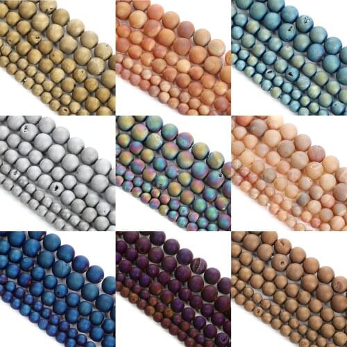 Natural Stone Beads Metallic Titanium Coated Natural Druzy Quartz Smile Agates Round Loose Beads For Jewelry Making 6-12mm