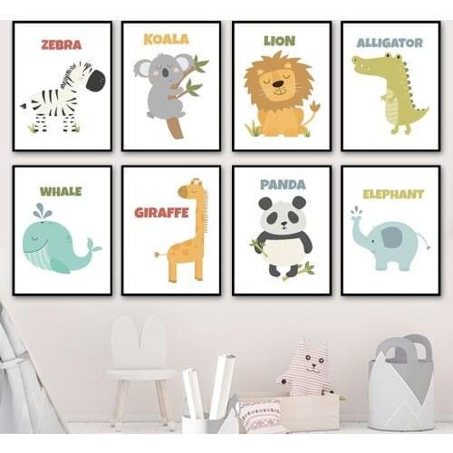 Zebra Giraffe Panda Koala Lion Elephant Whale Wall Art Canvas Painting Nordic Poster And Prints Wall Pictures Kids Room Decor