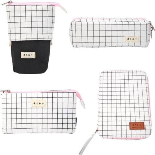 Simple Canvas Cotton Large Capacity Lattice Stationery Bag Cosmetic Pouch