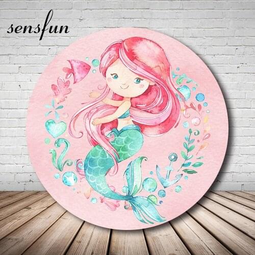 Sensfun Pink Little Mermaid Round Backdrops For Photography Girls Under The Sea 1st Birthday Party Circle Backgrounds Custom