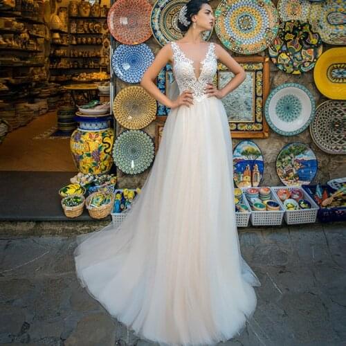 Ruby Bridal Champgne Tulle Lace Wedding Dress 2020 A-line Floor-Length vestido novia Princess Low Back Bride Dresses Sweep Train