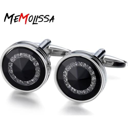 MeMolissa Luxury shirt cufflinks for mens gift Brand cuff button Crystal Round cuff link Black High Quality abotoadura Jewelry