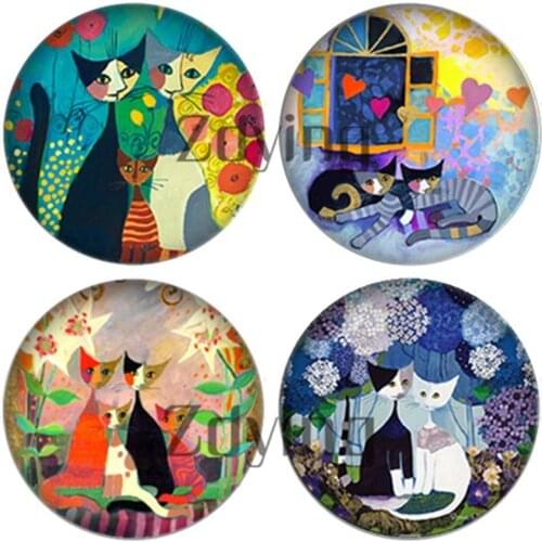 Zdying Animal Cartoon Cat Painting Round Glass Photo Cabochon 12mm 16mm 18mm 20mm 25mm DIY Earrings Brooch Jewelry Findings