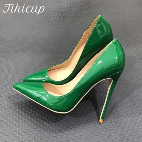 Tikicup Olive Green Women Glossy Patent Extremely High Heels Pointed Toe Slip On Stiletto Pums Ladies Solid Formal Dress Shoes