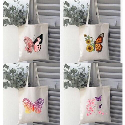 Butterfly Flower Print Women Shopping Bags Female Canvas Shoulder Bag Eco Storage Handbag Reusable Foldable Totes Lady Beach Bag