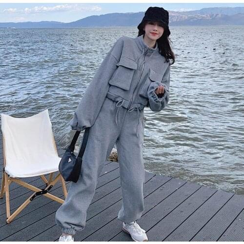 Women Two Piece Sets Jacket+pants Spring Autumn Streetwear Hip Hop Loose Casual Zipperr Hoodie Coat Wide Leg Harem Pants Outfits