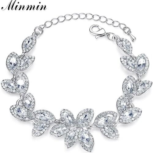 Minmin Fashion Silver Color Bracelets Bangles 2 Colors Bridal Leaf Crystal Bracelets for Women Wedding Party Jewelry 2019 SL046