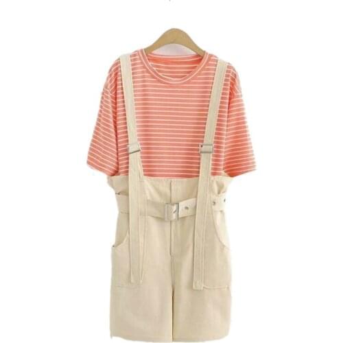 Womens Sets Clothing Short Sleeve Striped Cotton T Shirts And Solid Pockets Overalls Pants With Sashes Playsuits 2 Piece Set