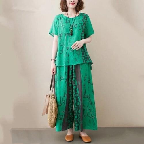 Cotton Plus Size Vintage Summer Casual 2 Two Piece Set Loose Tee T Shirt Women Print Short Sleeve Clothes Tops Wide Leg Pants