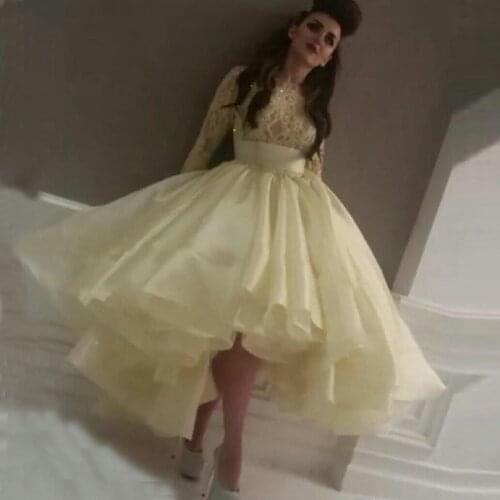 Hot Sale Chic Ball Gown Light Yellow Asymmetrical High Low Long Sleeve prom Gowns Lace Vestido de Renda bridesmaid dresses