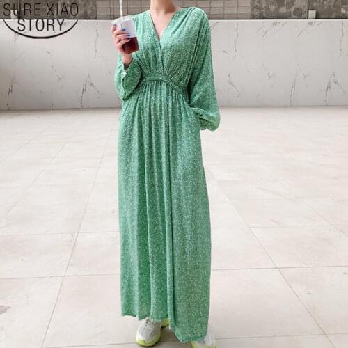 2021 Autumn Women Dresses Korean Chic V-neck Double Pocket Puff Long Sleeve Floral Dress Midi Long Dress Vestido Feminino 15234