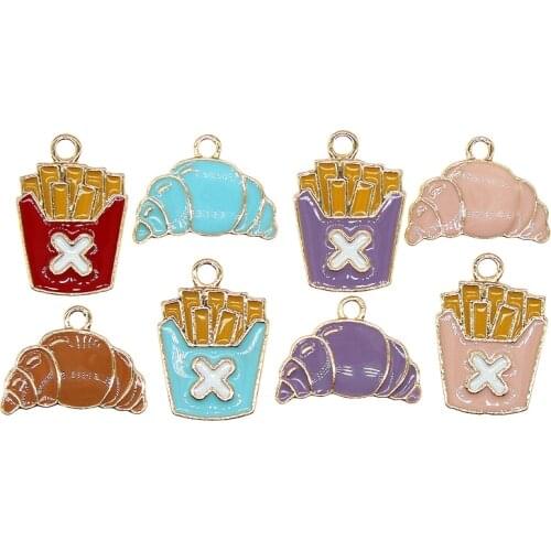 10pcs/pack Cute Food Enamel Charms Food French Fries Croissant Bread Pendant For Necklace Bracelet DIY Fashion Jewelry Findings