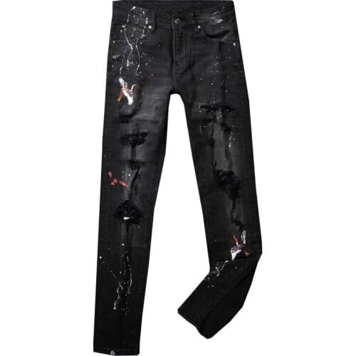 2021 Streetwear Fashion Men Jeans High Quality Slim Fit Elastic Ripped Jeans Embroidery Designer Painted Hip Hop Pants Homme