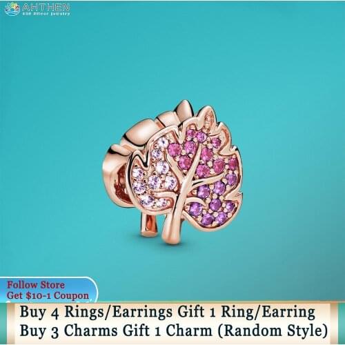 Ahthen 925 Sterling Silver Beads Sparkling Pave Leaf Charms fit Original Pandora Bracelets for Women Jewelry Making Girl Gift